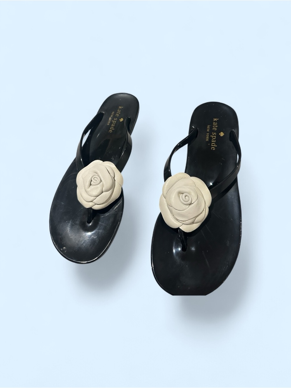 kate spade Black Flip Sandals with Cream Rose Accent